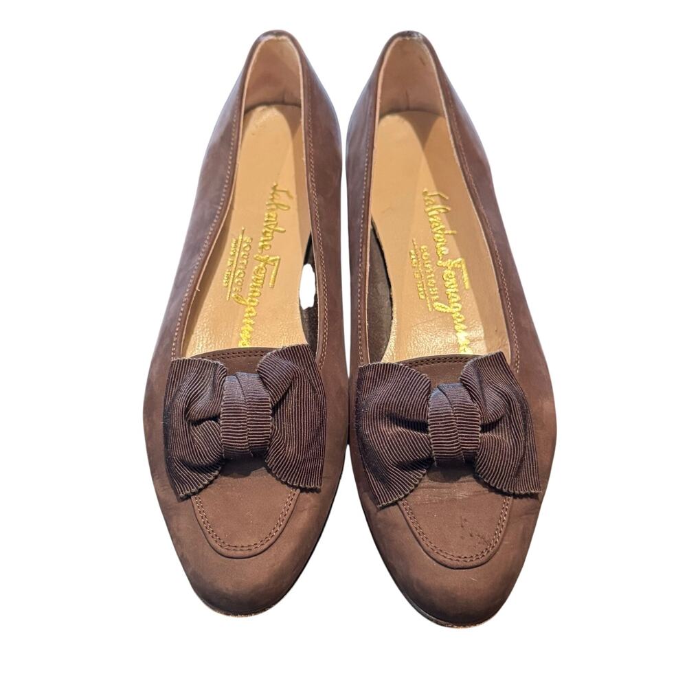 Salvatore Ferragamo Made in Italy Size 4.5 Brown Suede Bow Toe Flats Shoes